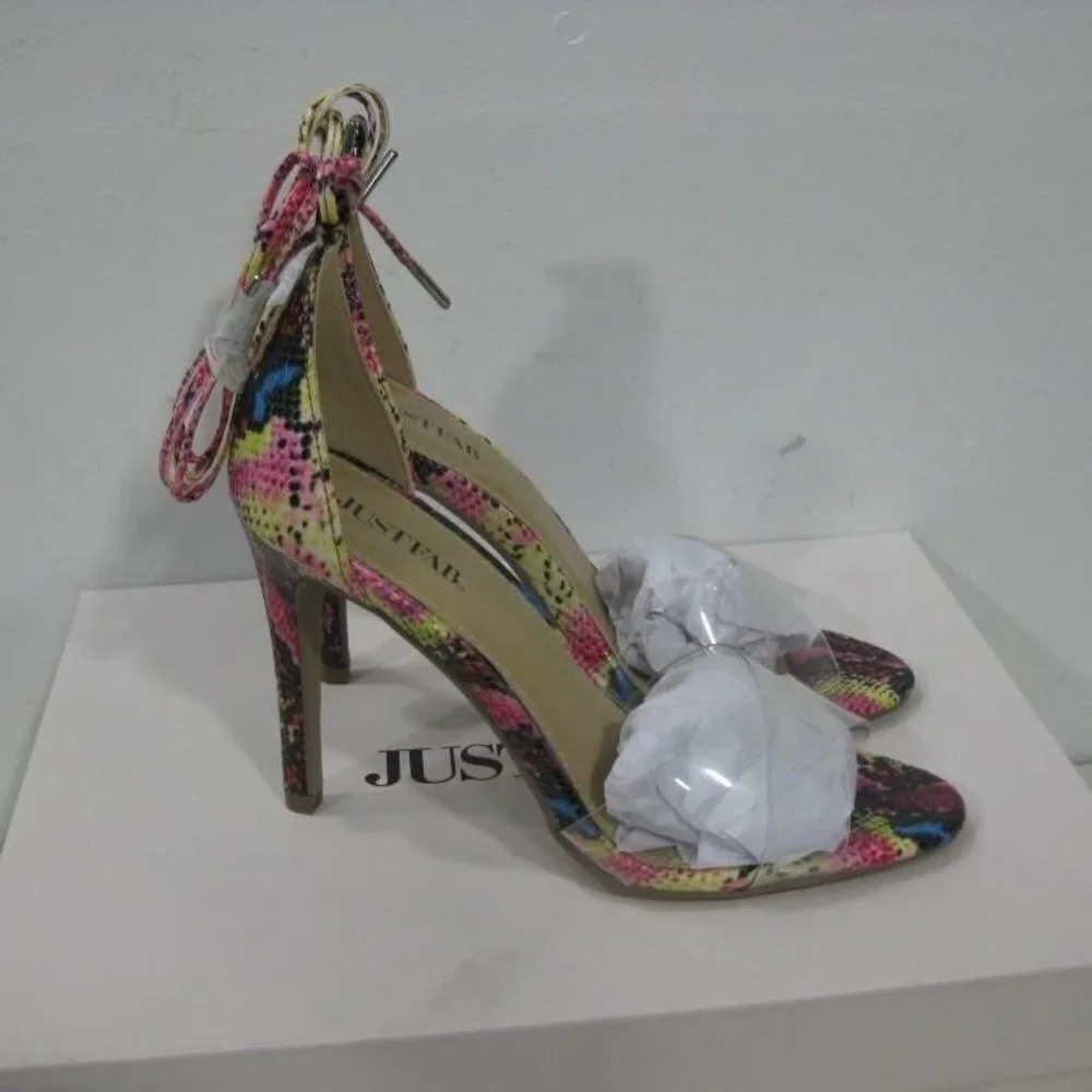JUSTFAB Jayci Faux Python Snakeskin  Heeled Sandal w/ Ankle strap tie size 5.5